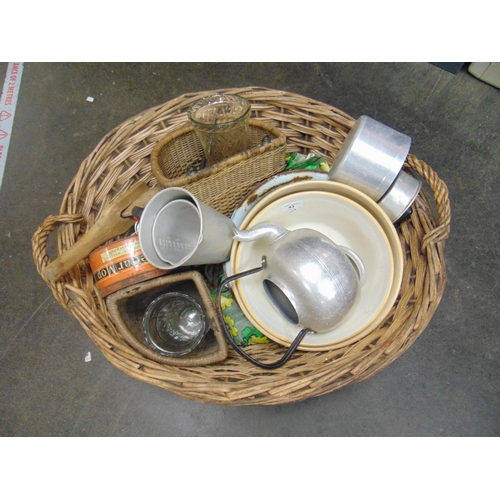 43 - Large wicker basket, containing a collection of vintage kitchenalia.