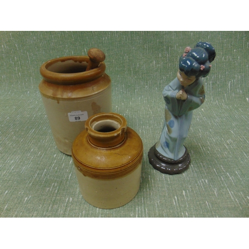 89 - Lladro figure of an oriental lady, Bristol stoneware ink jar, Stoneware container and a pestle.