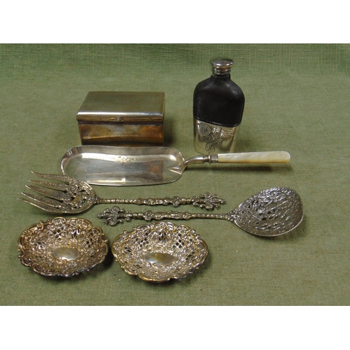 182 - Walker & Hall plated cigarette box, hip flask, silver bezzeled crumb scope, etc.