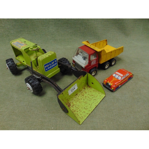 214 - Tin plate fire chief model car, dumper  truck and one other, (3).