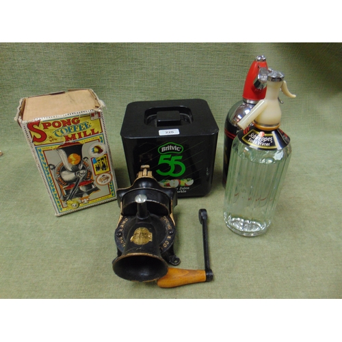 226 - Boxed Spong coffee grinder, two soda syphons and an ice bucket.