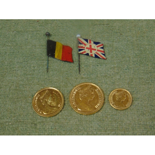 367 - Three U.K gold plated coins,  1/2 p  2p , 5p with 2 flag pins dated 1914 -1915 relating to Liverpool... 