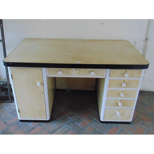 470 - Art deco burr walnut desk, having drawers and cupboards to base. 32 x 54 x 30