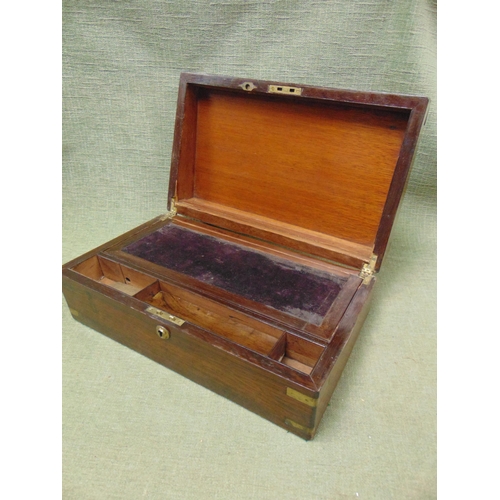 55 - 19th century rosewood brass bound writing box, having lift up and fitted interior, 4 x 16 x 9.5