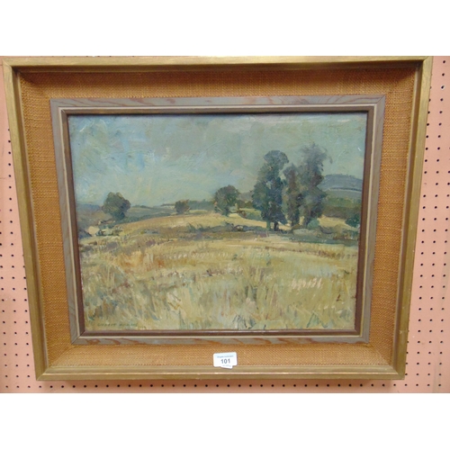 101 - Gilbert Adams 1976, framed oil painting on board, country scene. signed lower left. 13 x 17