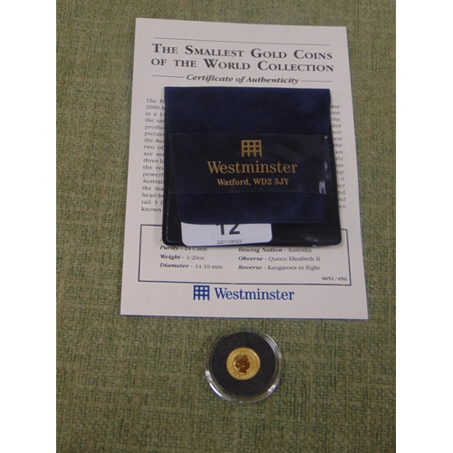 12 - Westminster 'Smallest coins of the world' 1/20oz 2000 Kangaroo Nugget with certificate.