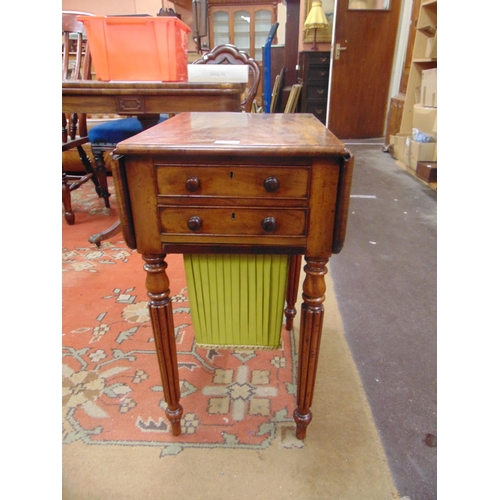 120 - Mid 19th century mahogany work table, drop leaves, two fitted drawers and wool drawer, on turned sup... 