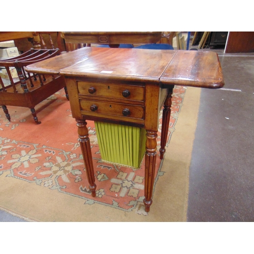 120 - Mid 19th century mahogany work table, drop leaves, two fitted drawers and wool drawer, on turned sup... 