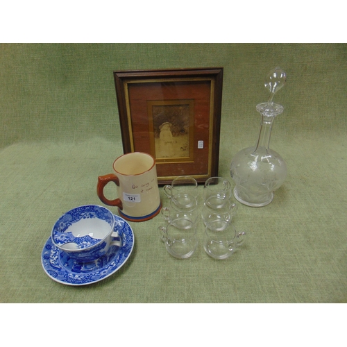 121 - Copeland Spode mustache cup and saucer, Torquay ware tankard, decanter , etc.