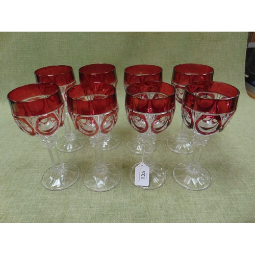 135 - Set of eight cut glass Venetian ruby Hock glasses.