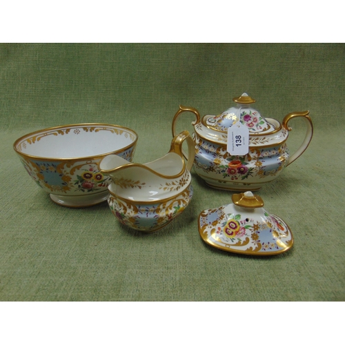 138 - Antique gilt and hand painted sucrier, milk jug, slop bowl and a further lid.