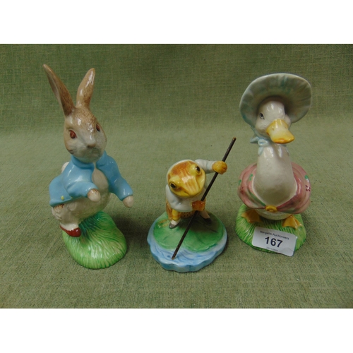 167 - Border Fine Arts figure, Mr Jeremy Fisher, and two Beswick figures, Peter Rabbit and Jemima Puddledu... 