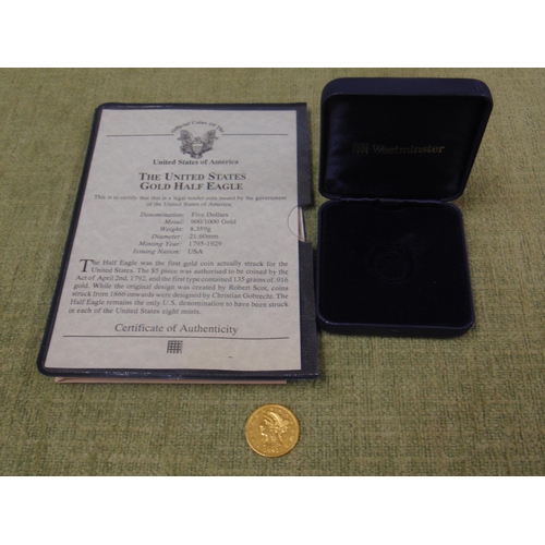 17 - Cased Westminster Mint gold half eagle five dollar coin with certificate.