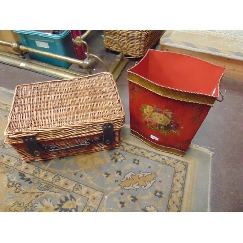 206 - Toleware type floral painted two handled waste paper bin , and a wicker picnic basket (2).