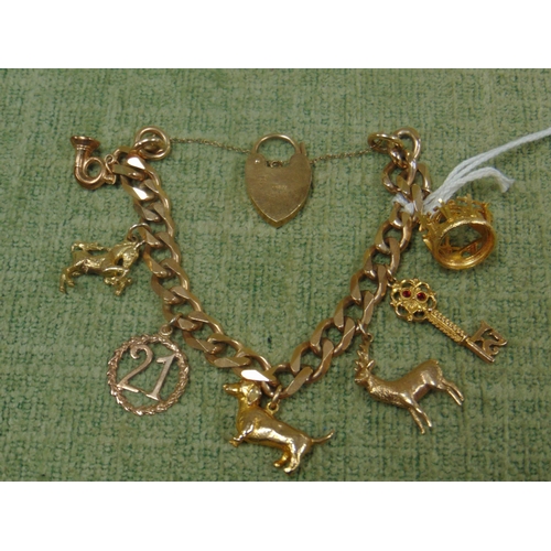 21 - 9ct gold charm bracelet, having 7 9ct gold charms and heart shaped padlock, 48 grm.