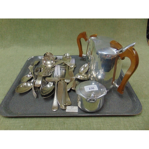 230 - Picquot ware three piece tea service, and a quantity of plated cutlery.