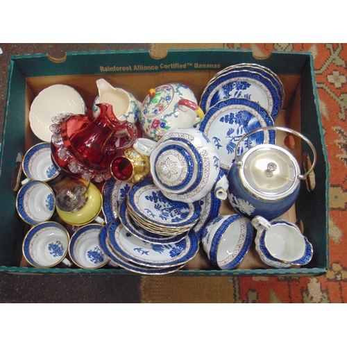 234 - Adams biscuit barrel, cranberry glass jug and bowl, willow pattern tea set, pictures  etc.