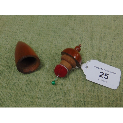 25 - Antique treen conical form pin holder.