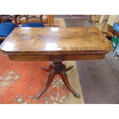 302 - Good antique mahogany card table, D shaped fold over top revealing a baize lined interior, turned su... 