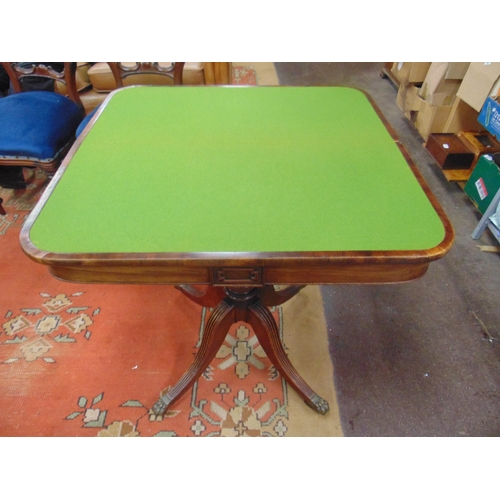 302 - Good antique mahogany card table, D shaped fold over top revealing a baize lined interior, turned su... 