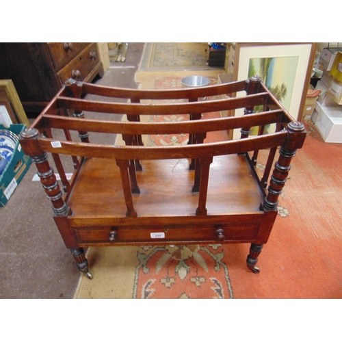 304 - Antique mahogany canterbury, single drawer with knob handles, on short turned supports and castors. ... 