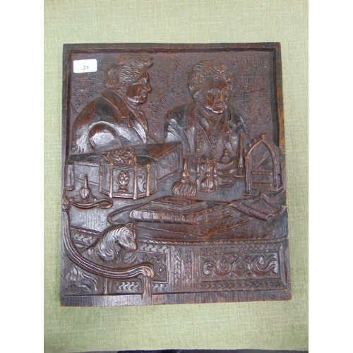 31 - An oak panel carved in relief depicting the Ladies of Llangollen. 16 x 13.5