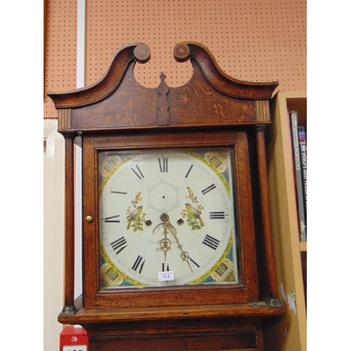 314 - Thomas Haywood, antique oak 8 day longcase clock, painted enamel dial decorated with birds and havin... 