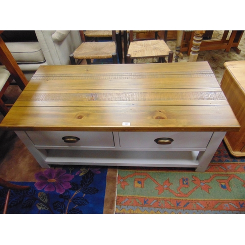 321 - Contemporary coffee table, having painted base, drawers to either side, on plain supports, joined by... 