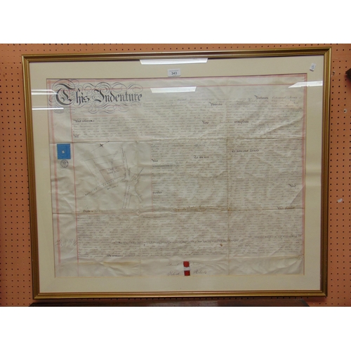 343 - Framed and glazed antique Indenture, Oswestry property. 24 x 30