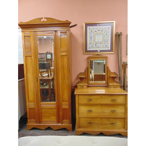 347 - Edwardian satinwood two piece bedroom suite, comprising single mirrored door wardrobe and mirror bac... 