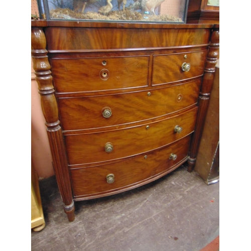 361 - Antique Scottish mahogany bow fronted chest of one long, two short and three long drawers with knob ... 