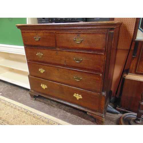 370 - Antique oak chest of two short and three long cross banded drawers with brass swan neck handles, fla... 