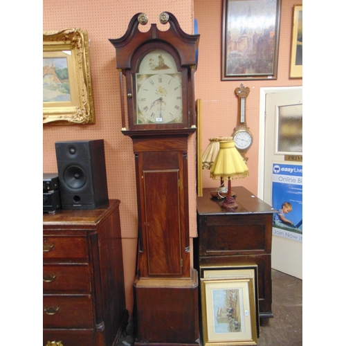 372 - George Savage Huddersfield, antique 30 hour long case clock, broken scroll neck pediment above paint... 