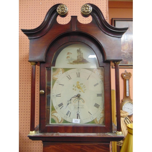 372 - George Savage Huddersfield, antique 30 hour long case clock, broken scroll neck pediment above paint... 