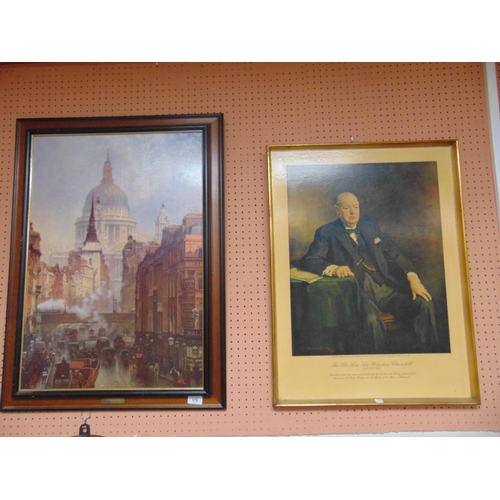 376 - Framed colour print, Sir Winston Churchill and a picture depicting St Paul's Cathedral. (2).