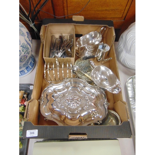 386 - Box of plated ware.