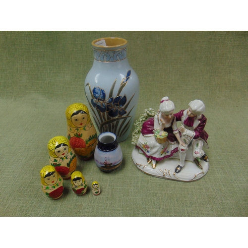 45 - Lovatt's Langley ware floral vase, set of Russian dolls, China figure group and a small hand painted... 