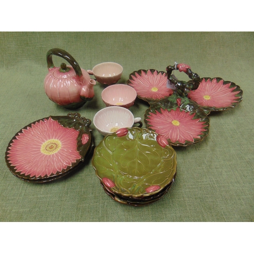 50 - Majolica Zsolnay 'Lotus' pattern 13 piece tea service comprising tea pot, two cups, one sugar bowl a... 