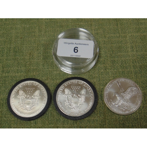 6 - Three  American Liberty one dollar silver coins, 1997, 1998 & 2022.