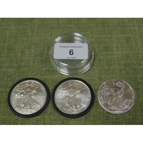 6 - Three  American Liberty one dollar silver coins, 1997, 1998 & 2022.