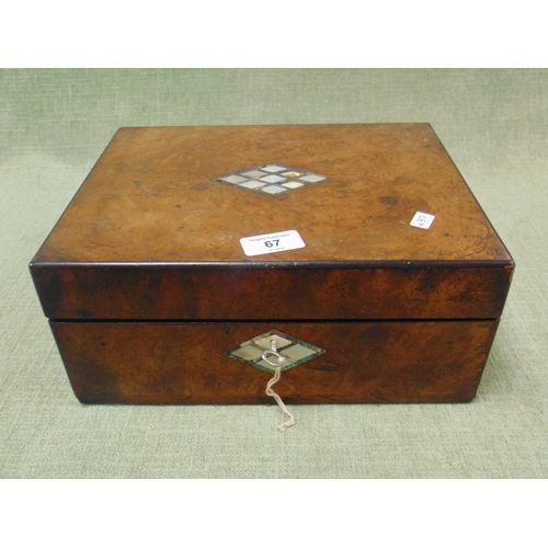 67 - 19th century walnut mother of pearl inlaid writing box, lift up lid and fitted interior.