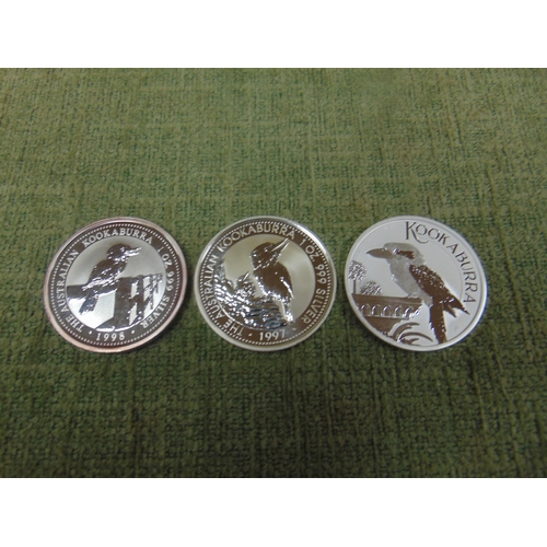 9 - Three  Queen Elizabeth II Australian $1 dollar Kookaburra silver coins, 1997, 1998 & 2022.