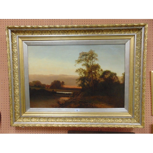 96 - Peter Leslie, well executed gilt framed oil painting on canvas, fisherman besides a river, signed lo... 