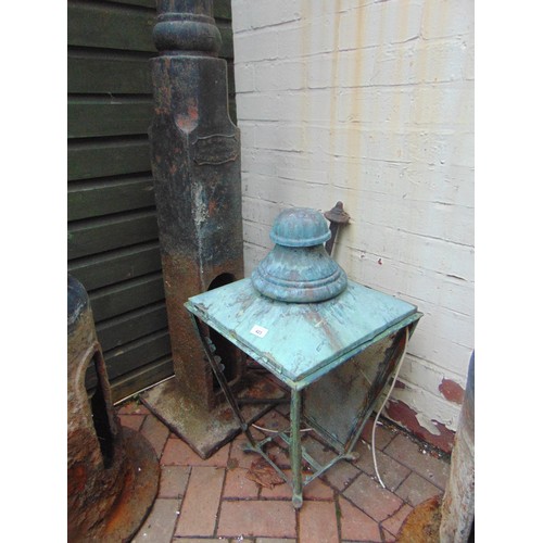 423 - Antique cast iron street lamp, with copper lantern, marked W.Haley , Bradford. Approx 160