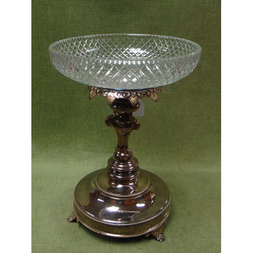 1 - Good silver plated centre piece, having cut glass bowl, moulded leaf form stepped base and on scroll... 