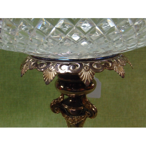 1 - Good silver plated centre piece, having cut glass bowl, moulded leaf form stepped base and on scroll... 