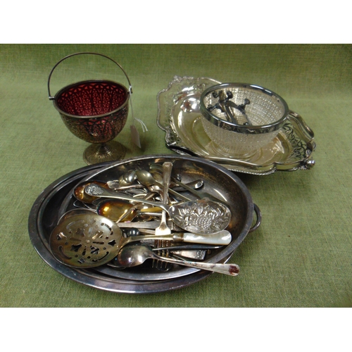 102 - Quantity of plated ware, cranberry glass bowl on stand, etc.