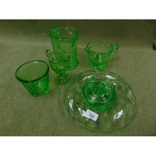 105 - Five pieces of green coloured depression glass.