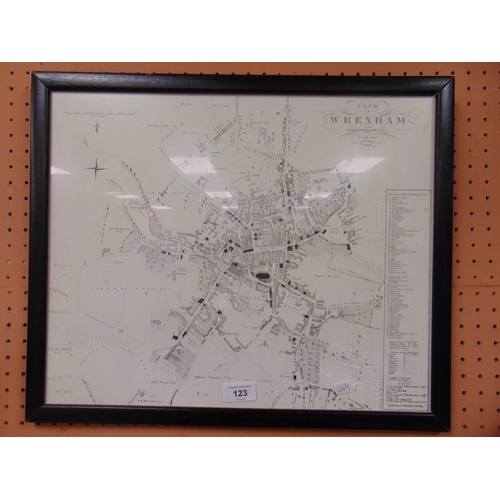 123 - Reproduction framed and glazed black and white map of Wrexham 1855. 14 x 17