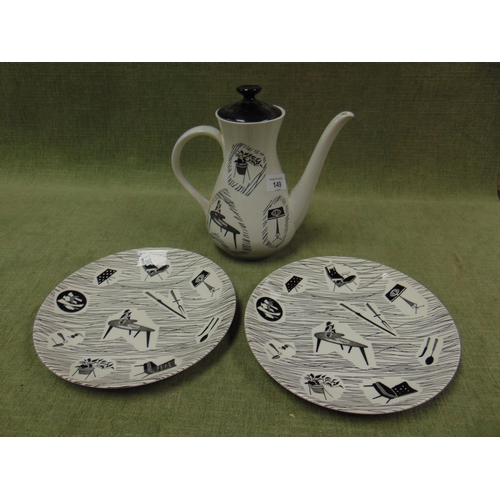 149 - Ridgway 'Homemaker' pattern coffee pot and two matching plates.